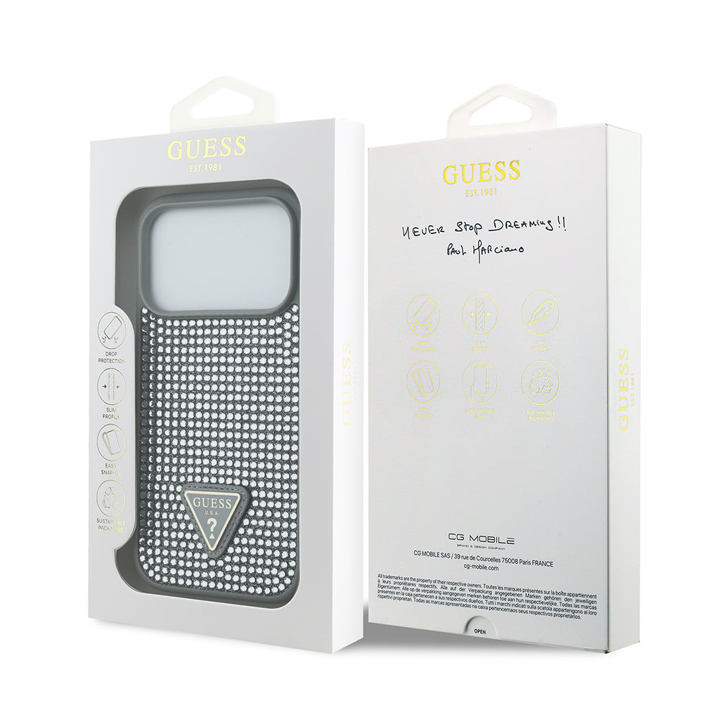 Guess iPhone 17 Pro Orjinal Lisanslı Taşlı Arka Yüzey Üçgen Logolu Telefon Kılıfı Guess iPhone 17 Pro Orjinal Lisanslı Taşlı Arka Yüzey Üçgen Logolu Telefon Kılıfı